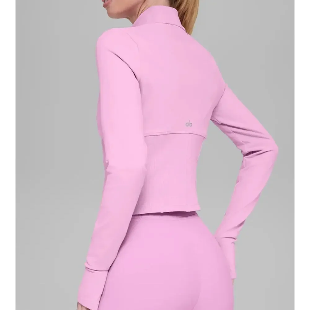 Alo Airbrush Corset Full Zip Long Sleeve Jacket in Candy Heart Pink Small